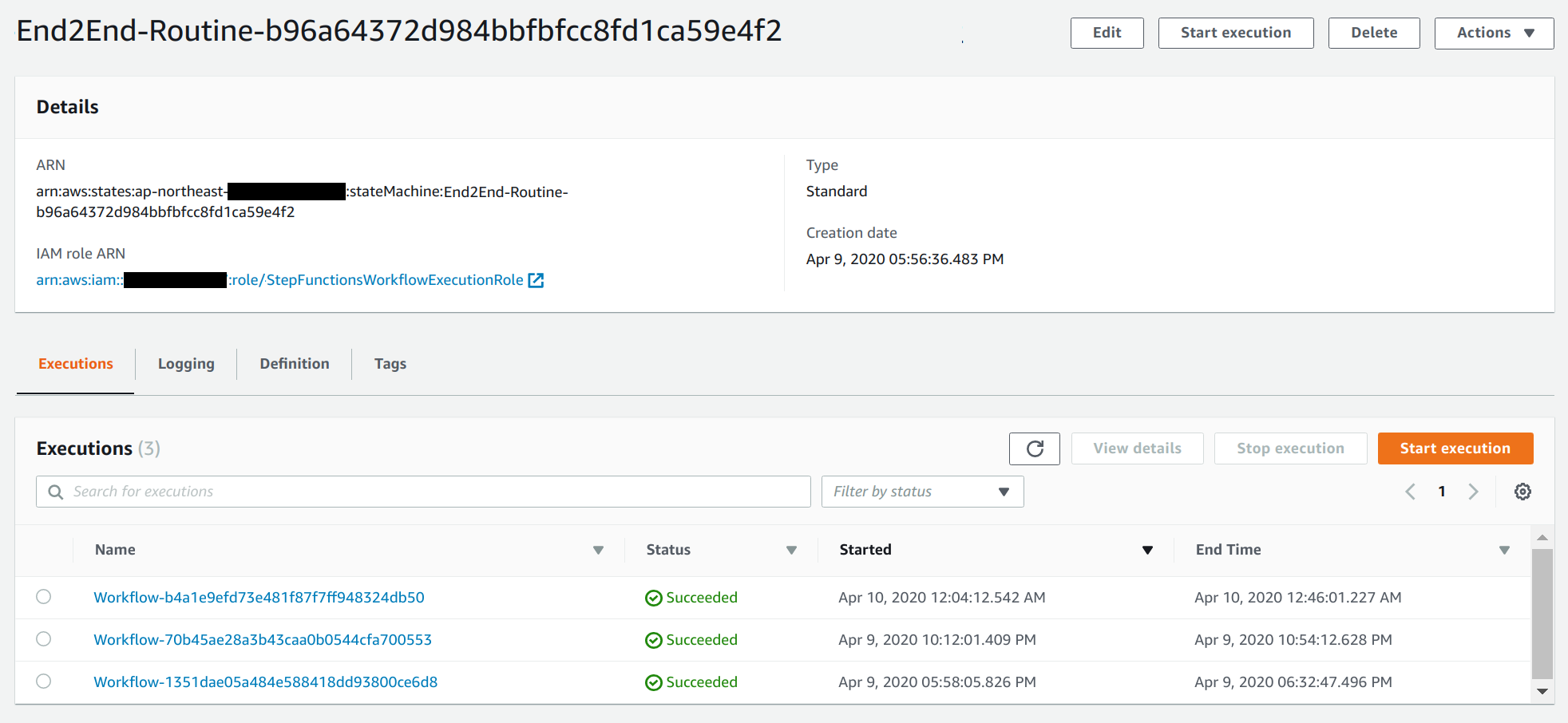 Figure 3: AWS Step Functions console showing the workflow
